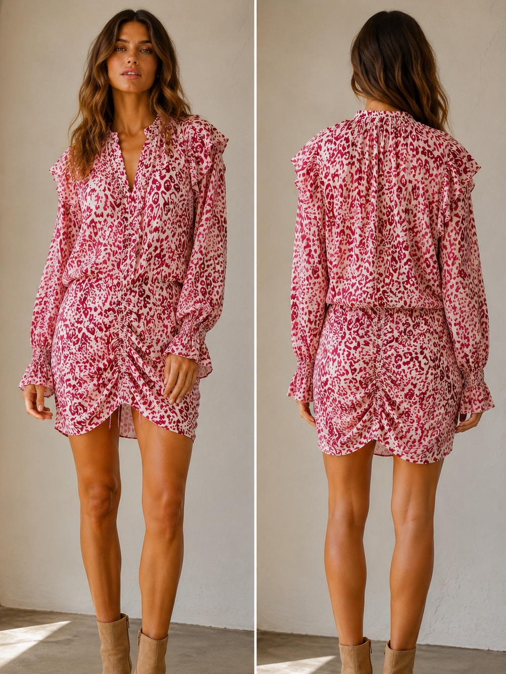 IRO Burgundy and white Leopard-Print Ruffle-Sleeve Tunic